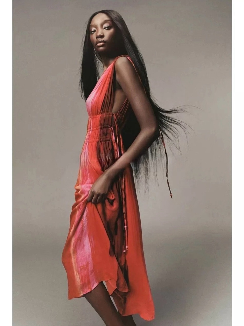 Zara Coral-Red and Pink V-Neck Maxi Dress